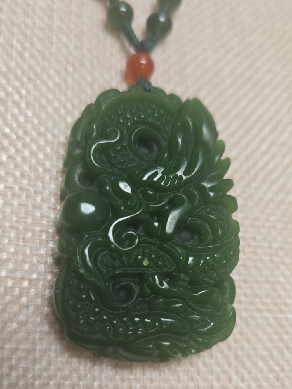 Faux Jade Dragon Pendant W/ Nephrite Jade Beaded Necklace - Picture 2 of 12